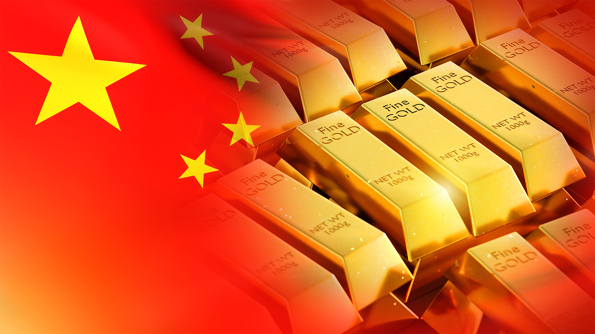 China gold reserves. Import of precious metals to China. Accumulation of gold by Chinese government. Golden bullion near flag. Gold reserves of people republic of China. Wealth, treasure. 3d image