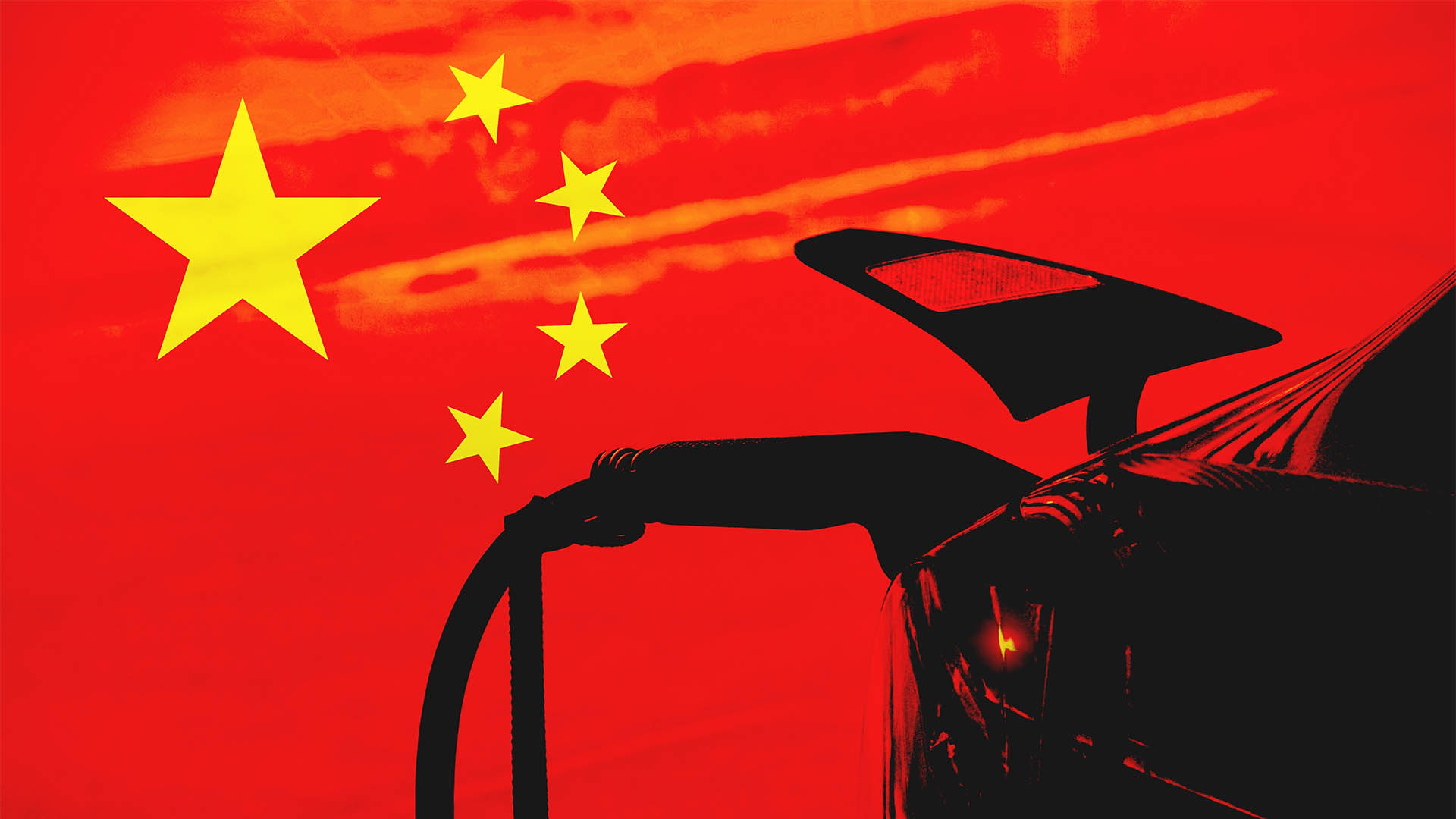 Close up view of a car on charge with the Chinese flag as background. Concept of electric cars in China or Chinese car industry.