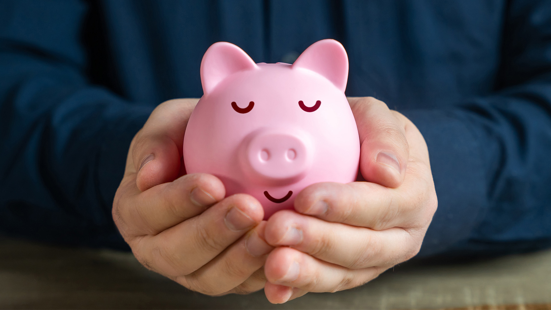 A calmly sleeping piggy bank in the hands. Trust fund. A reliable way to store savings and passive income. Savings and deposit banking. Wealth and prosperity. Successful investments and deposits.