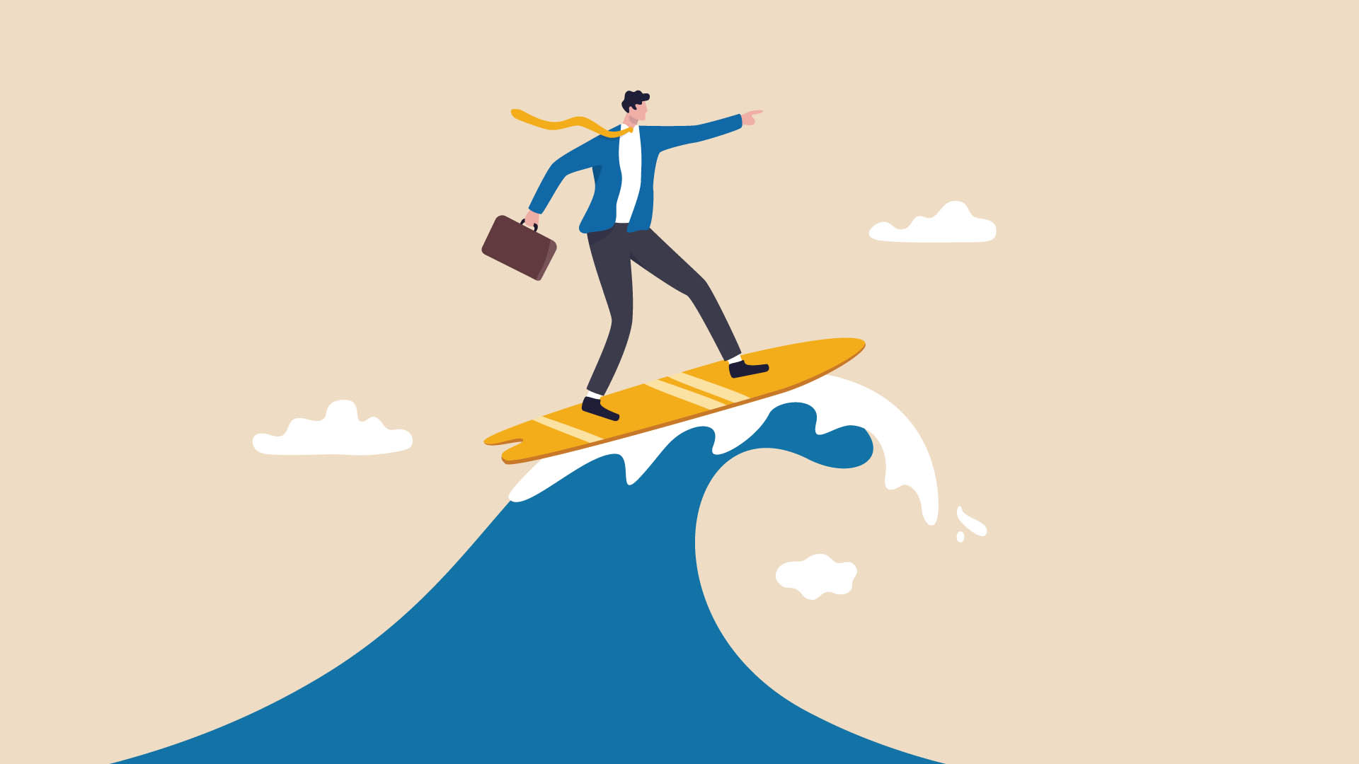 Follow business trend or momentum, challenge to overcome difficulty, professional experience worker or career development concept, expert businessman surfing or riding wave to success direction.