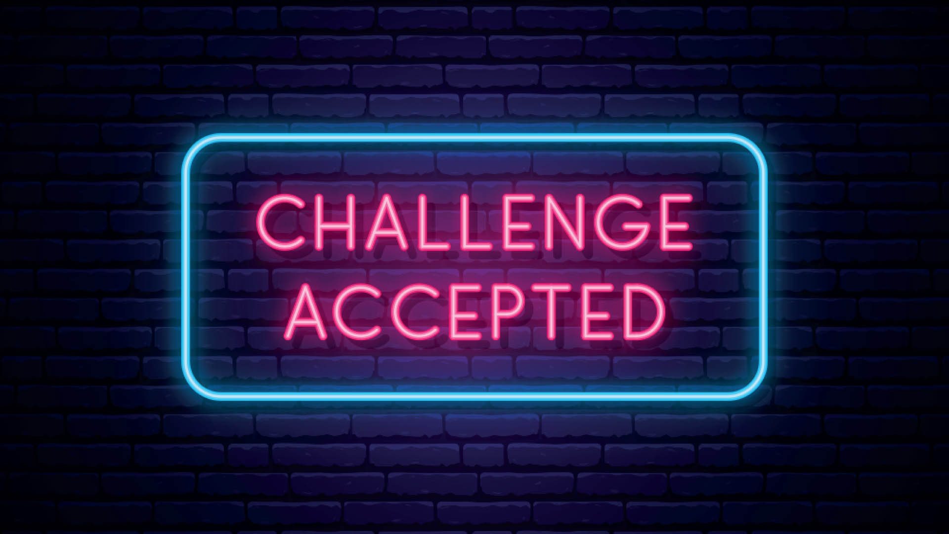 Challenge Accepted neon signboard. Glowing inscription Challenge Accepted on dark brick wall background. Vector design in neon style.