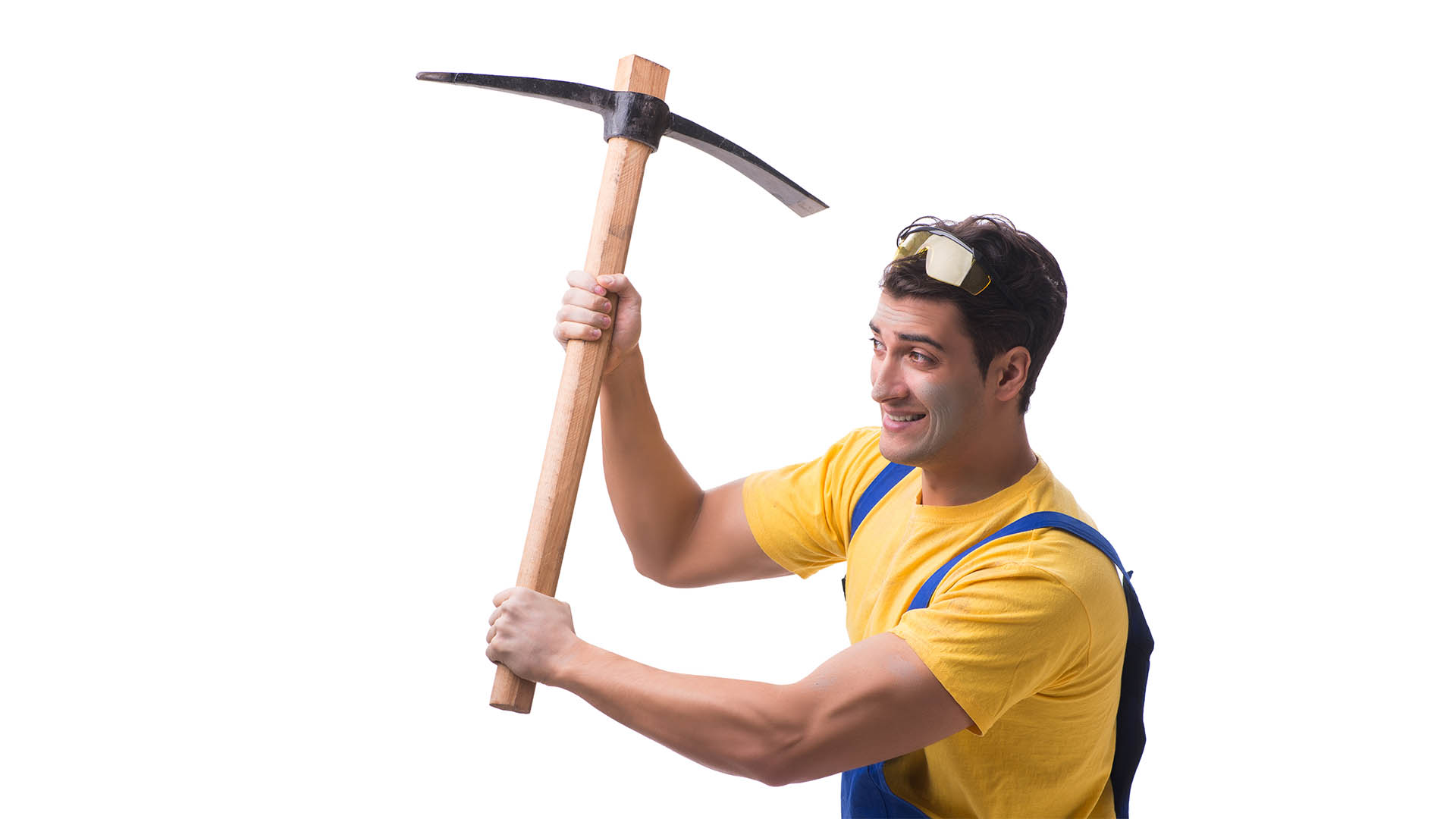 Young man contractor with axe isolated on white