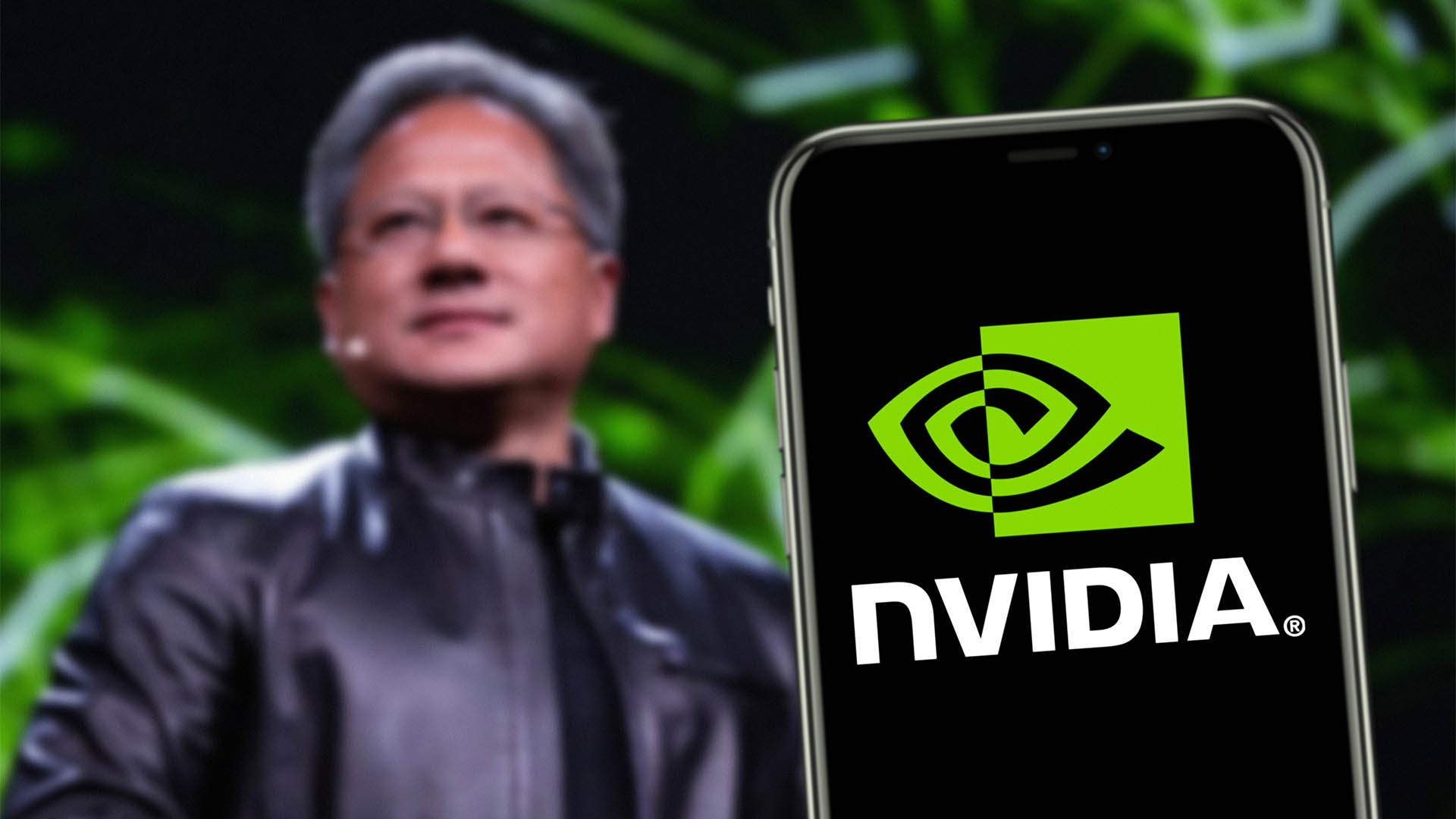 California, United States - March 02 2024: The nVIDIA company logo with CEO Jensen Huang in the Background. Nvidia Corporation is an American multinational corporation and technology company.