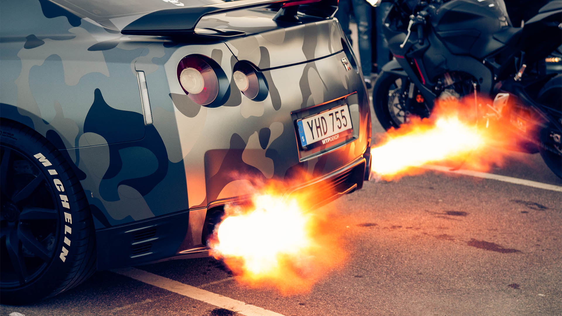 Gothenburg, Sweden - May 4, 2019: Nissan GTR spitting out flames when revving the engine