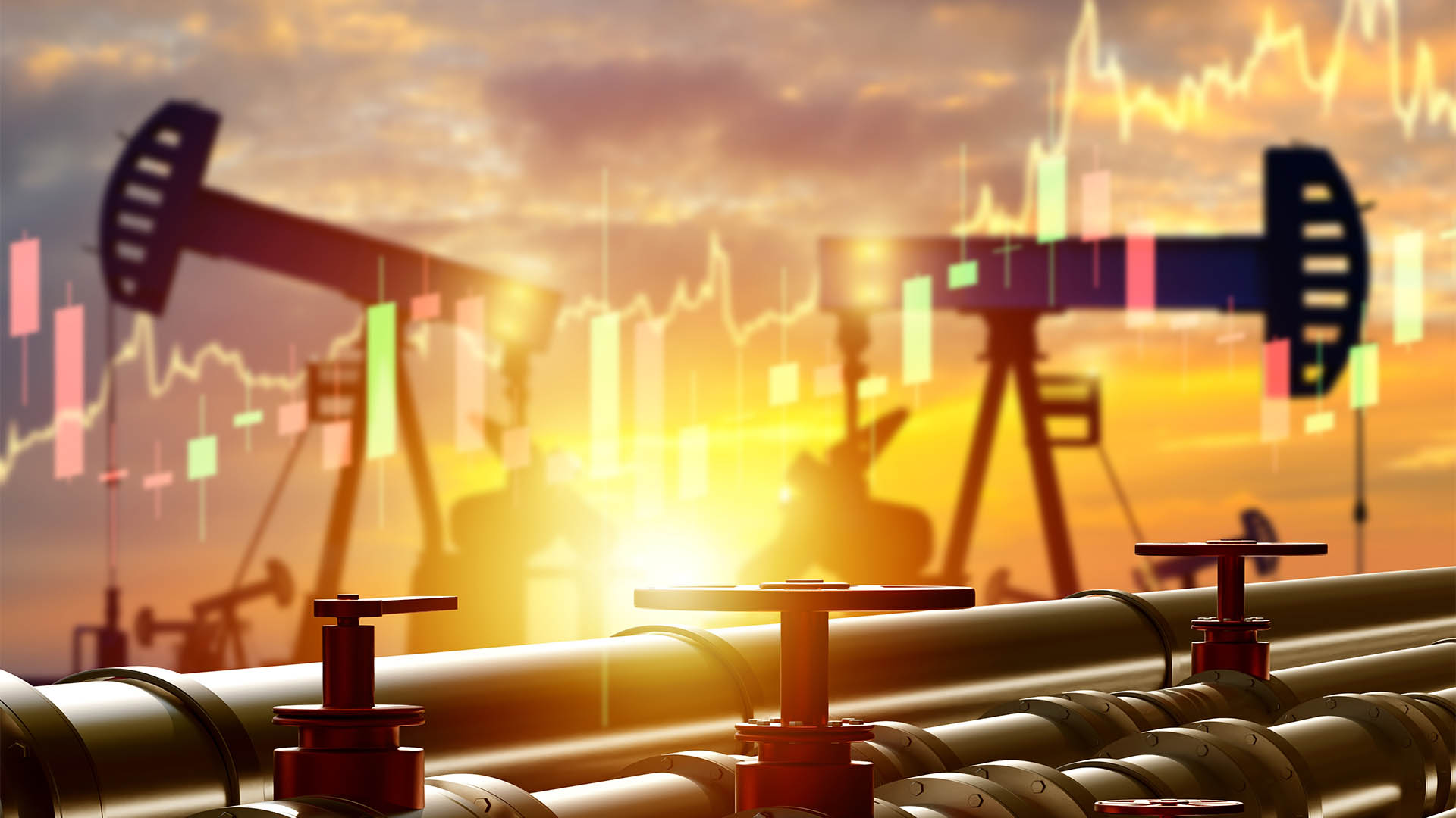 Oil prices rose. Petroleum pipes. Oil pumps at sunset. Fuel price growth chart. Increase in cost of energy resources. Oil market. Increased revenues of petroleum corporations. 3d image