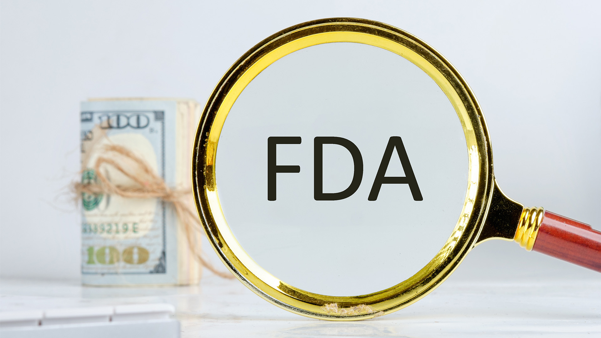 Word FDA written through a magnifying glass on a light background near a roll of money and a pot of green grass