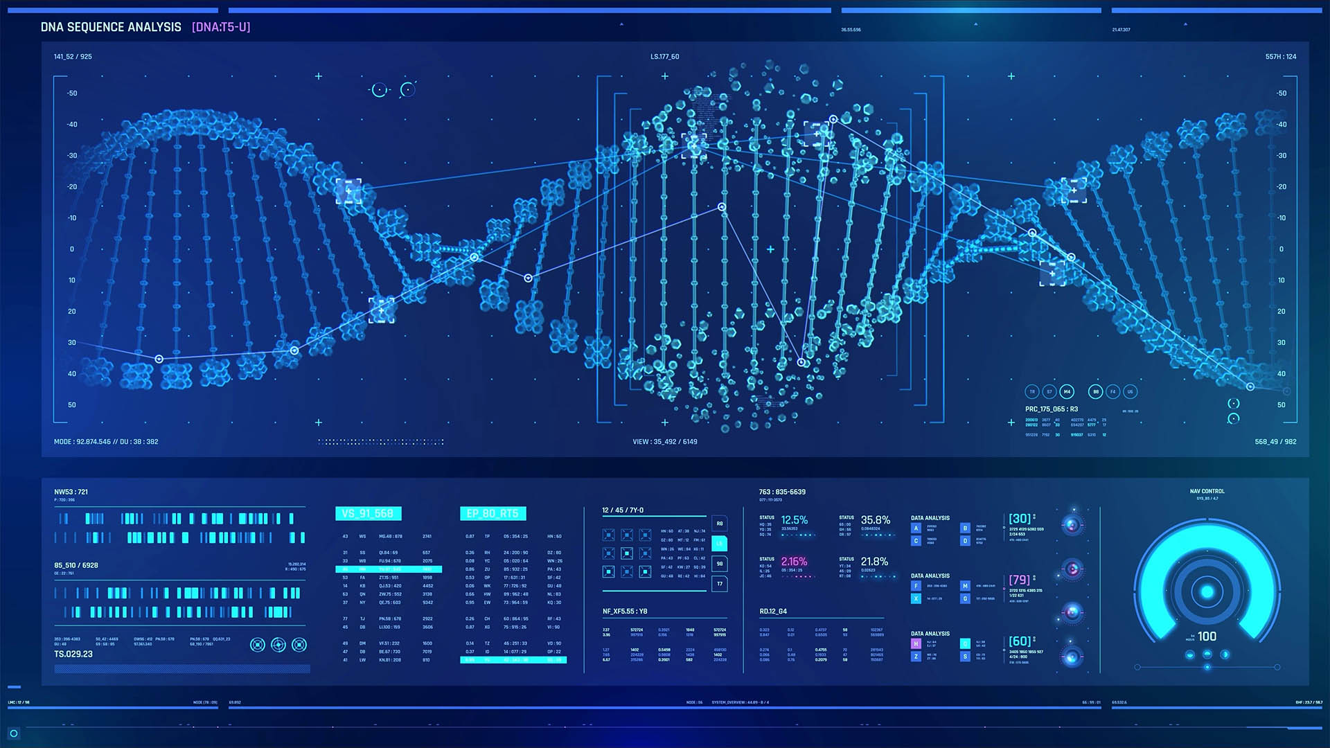DNA HUD, Screen, Futuristic technological interface analyzing human DNA. Medical profile of patient showing, genome sequence, DNA visualization, Medical Healthcare information. high tech data.