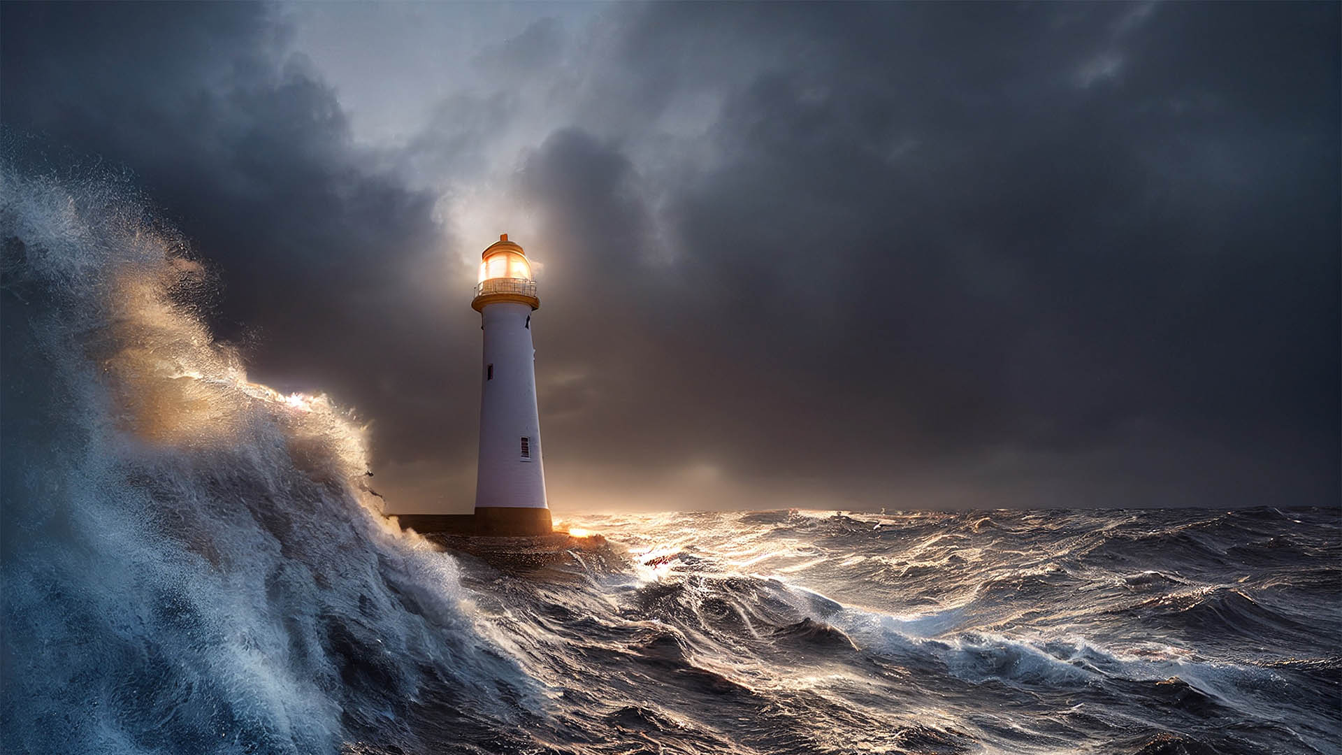 White Lighthouse in the middle of the ocean, big waves and storm around the light house, dark clouds, lighthouse sunken by ocean and sea. Painting, concept art, cinematic light, illustration