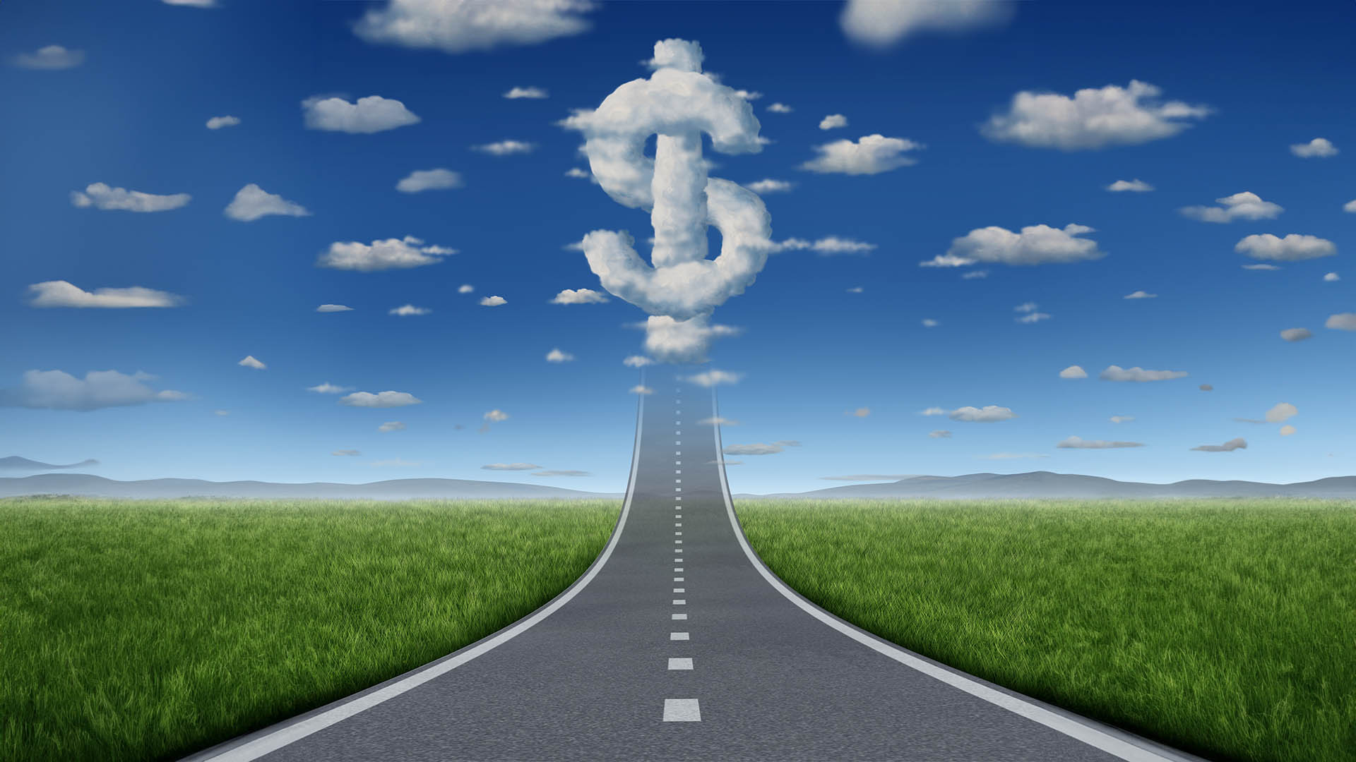 Fortune road business concept and financial freedom symbol with a straight road or highway going up to a group of clouds shaped as a dollar sign as an icon of making money for prosperity.
