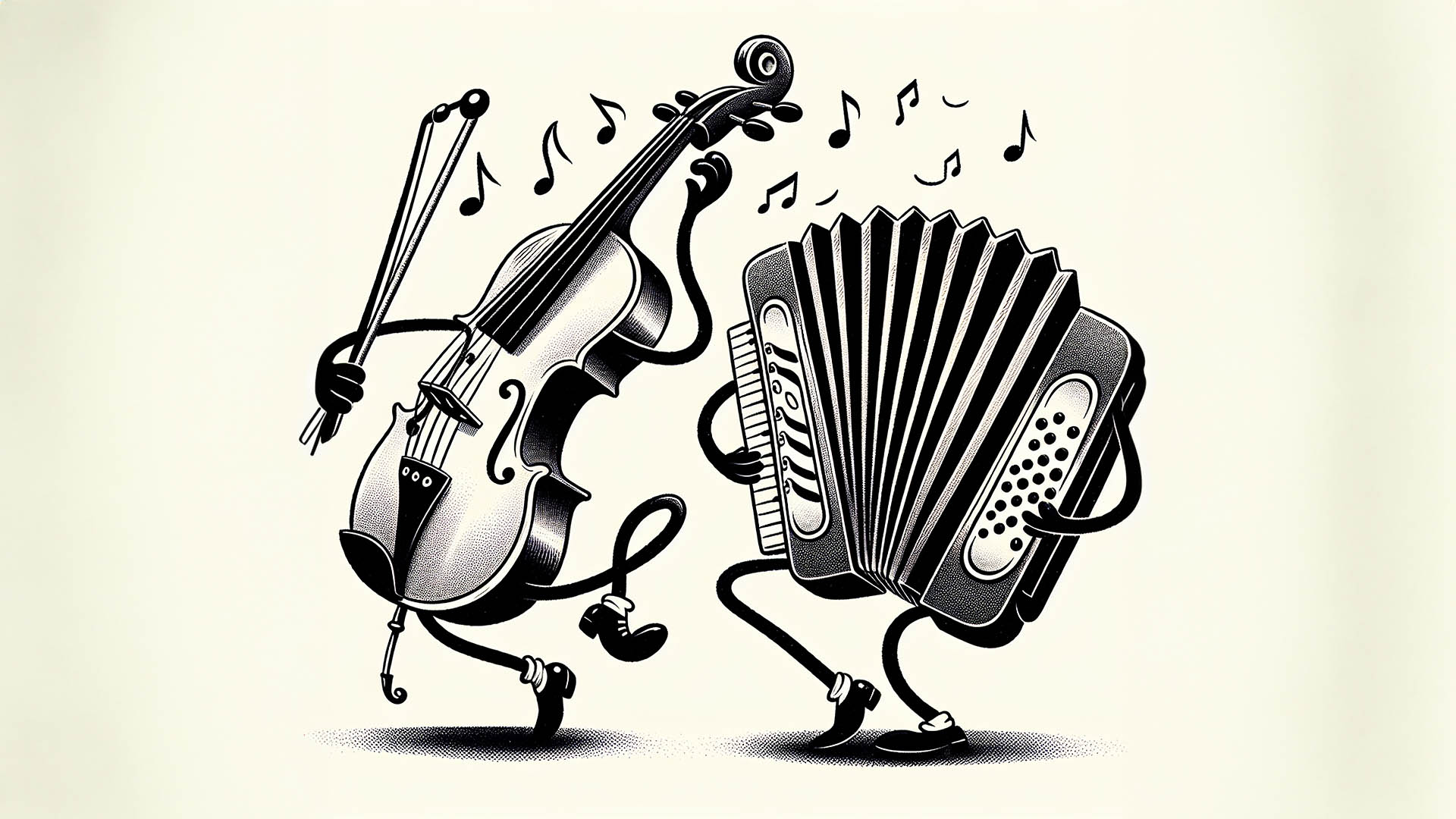 illustration of a fiddle and an accordion. It is as if the instruments are alive and are dancing and making music together.