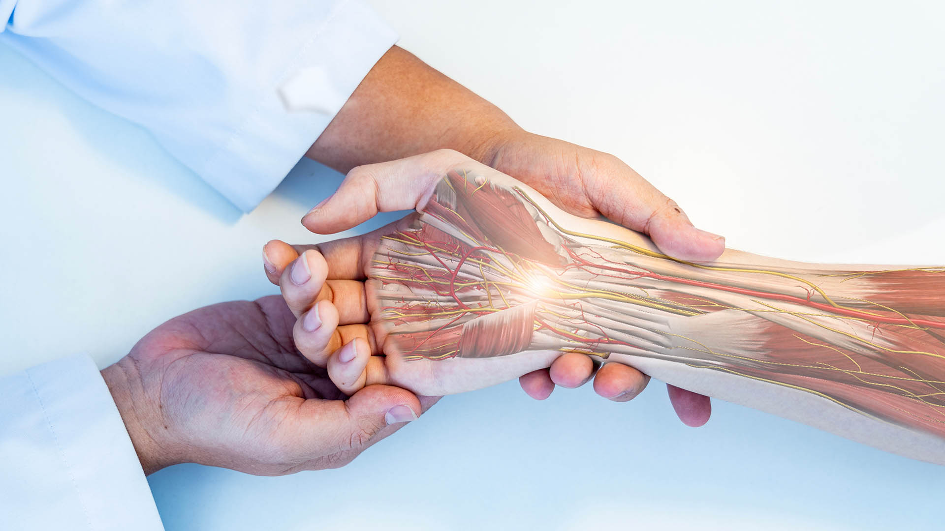 The orthopedic doctor or surgeon in uniform examined the patient with numbness of hand.Wrist pain in carpal tunnel syndrome with transparent anatomy of median nerve.Light effect on white background.