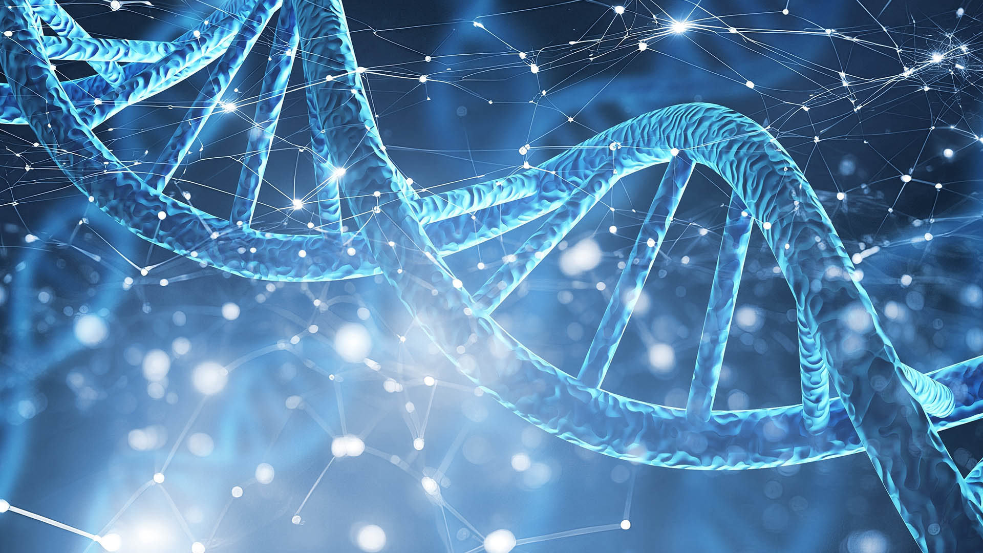 Spiral DNA double helix structure on blue background.