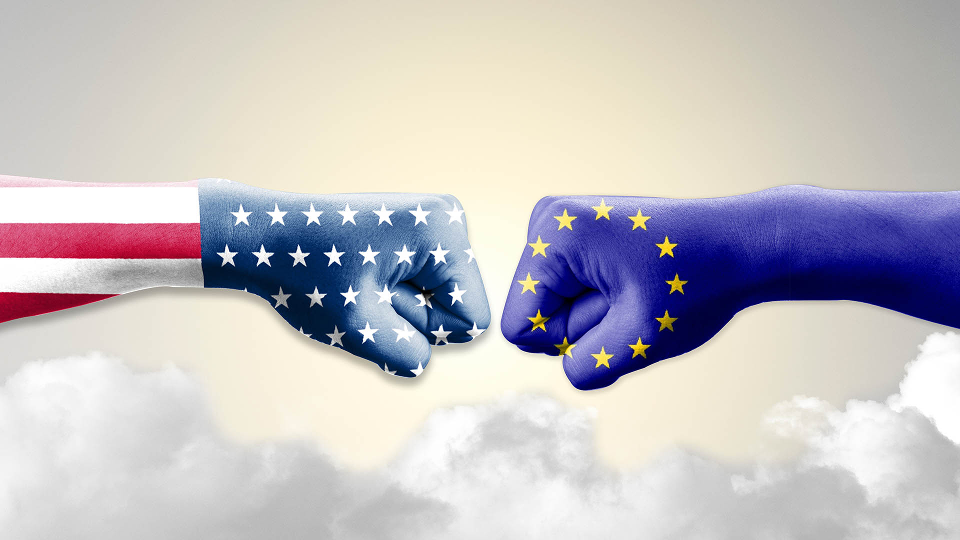 USA flag and EU flag print screen on two  fists  for battle.It is symbol of United States of America increase tariff tax barrier for import product from EU countries.-Image.