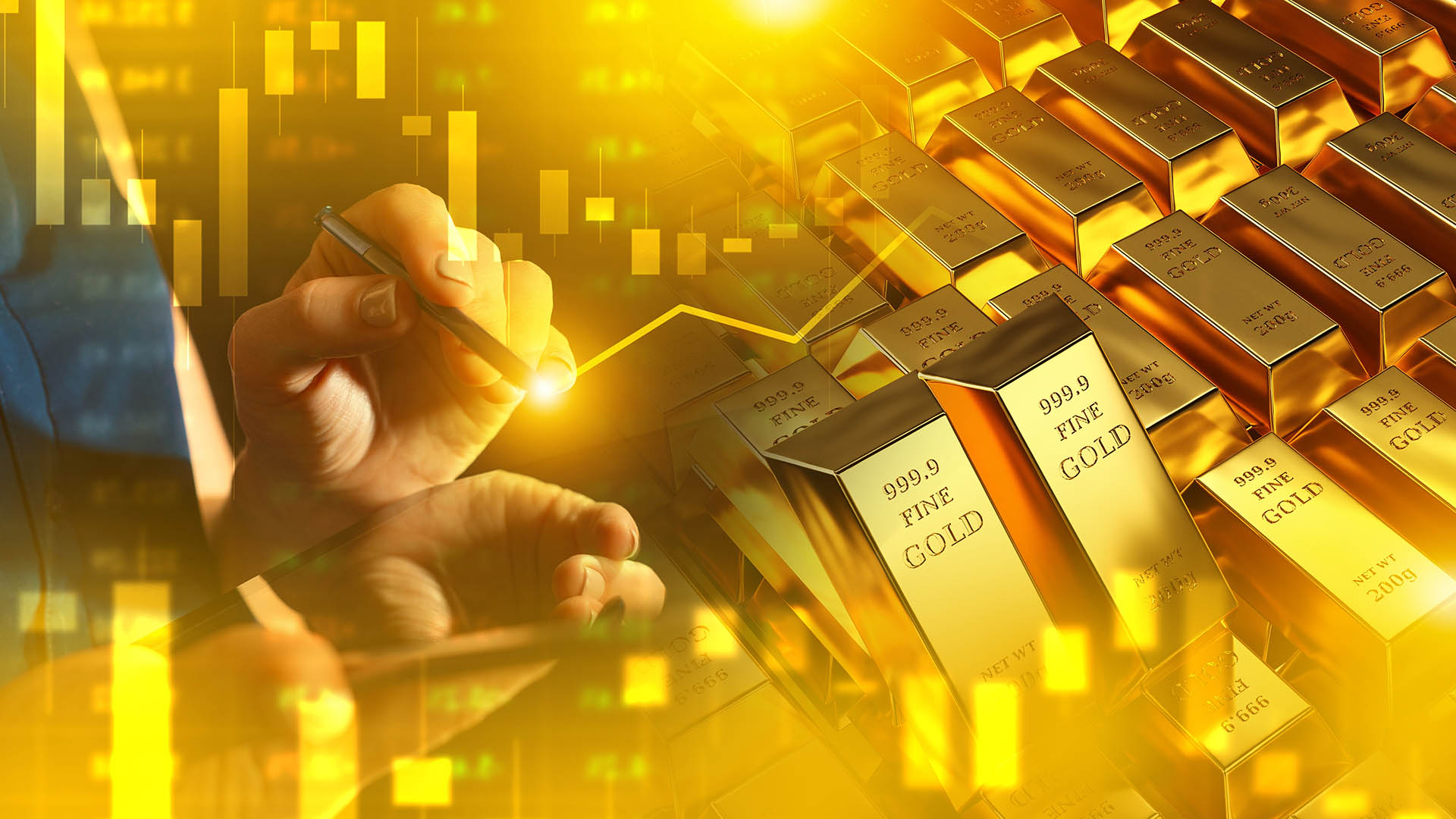 Investments in gold. Investor hand draws financial chart. Gold bars near quotes. Trading on precious metals market. Golden futures. Investment in gold mining company. Golden metal price forecast.