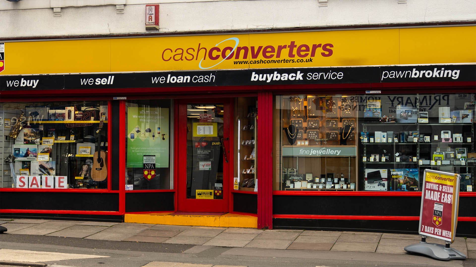 Swindon, United Kingdom - May 04 2019:   The frontage of Cash Converters pawn shop on Commerecial Road
