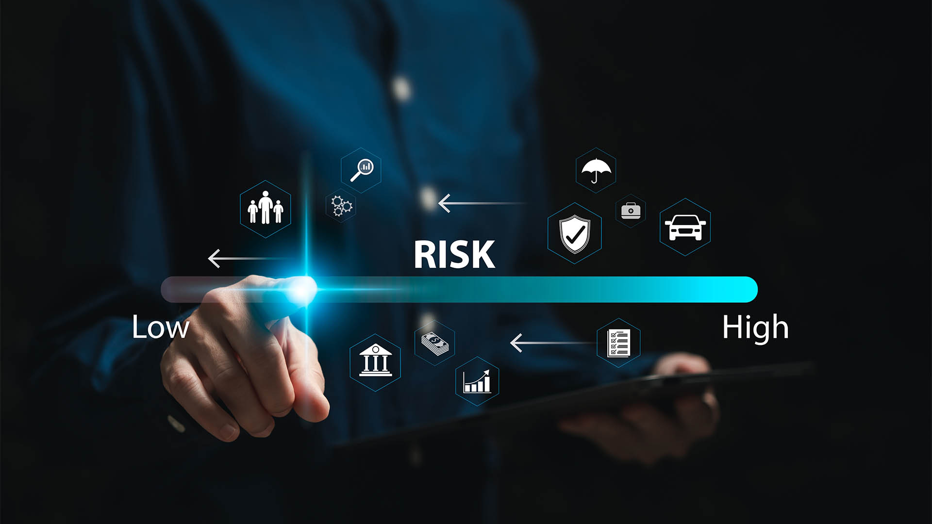 Risk assessment and management concept, Business Woman touch on Low levels of risk management, Evaluation measure analytics technology, Business, Financial, Health, Human resource, Insurance