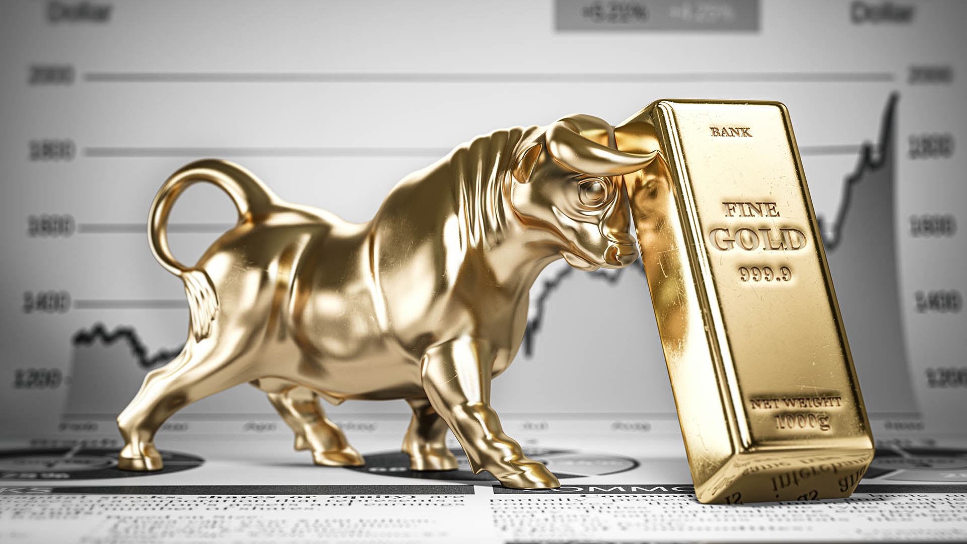 Golden ingot and bull on graph.  Bull market trend in gold. 3d illustration