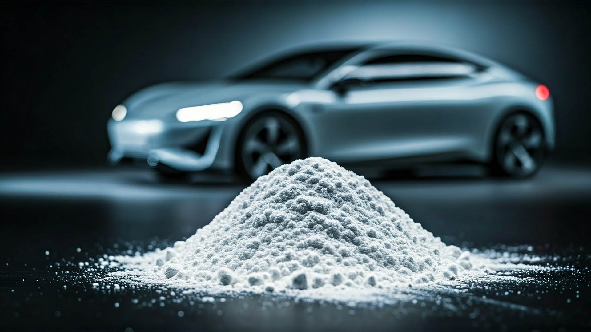 refined lithium powder with electric vehicle in background