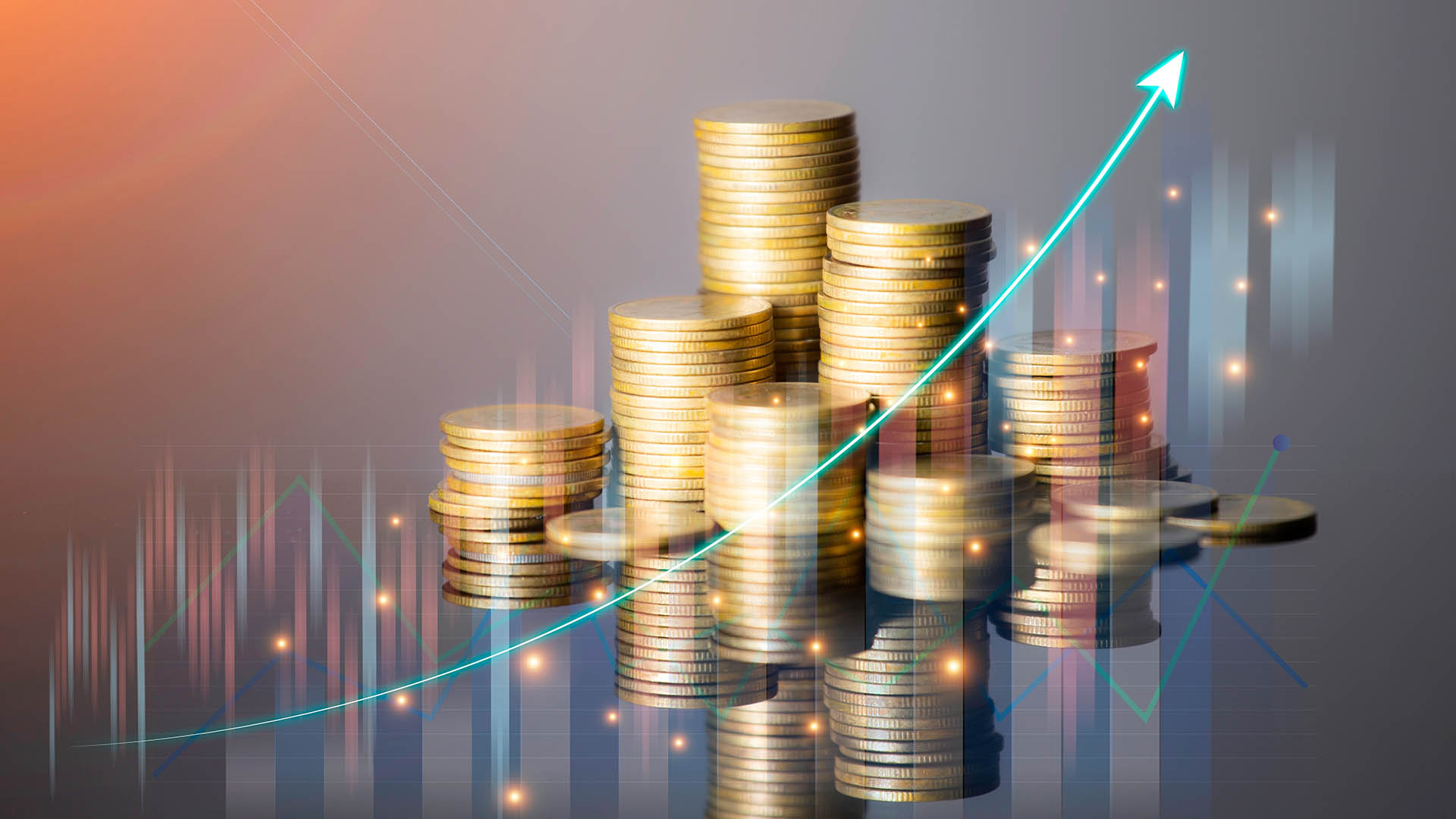 Coins are laid out in graph.Business success concept wealth stock investment.Business in the digital age.Digital transformation for next generation technology.Technology is growing by leaps and bounds