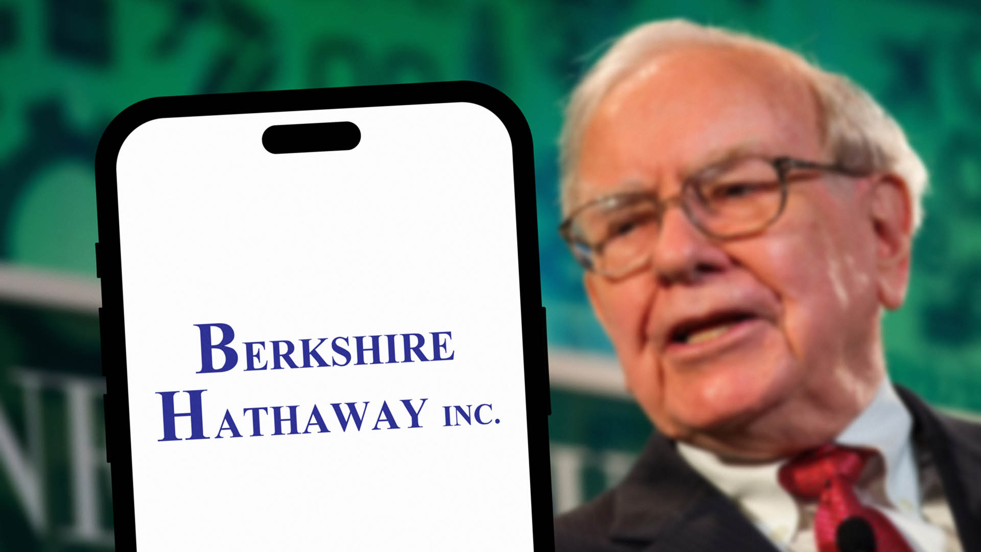 Nebraska, United States - April 19 2024: Close-up of Berkshire Hathaway logo on Smartphone screen with CEO Warren Buffett in the background.