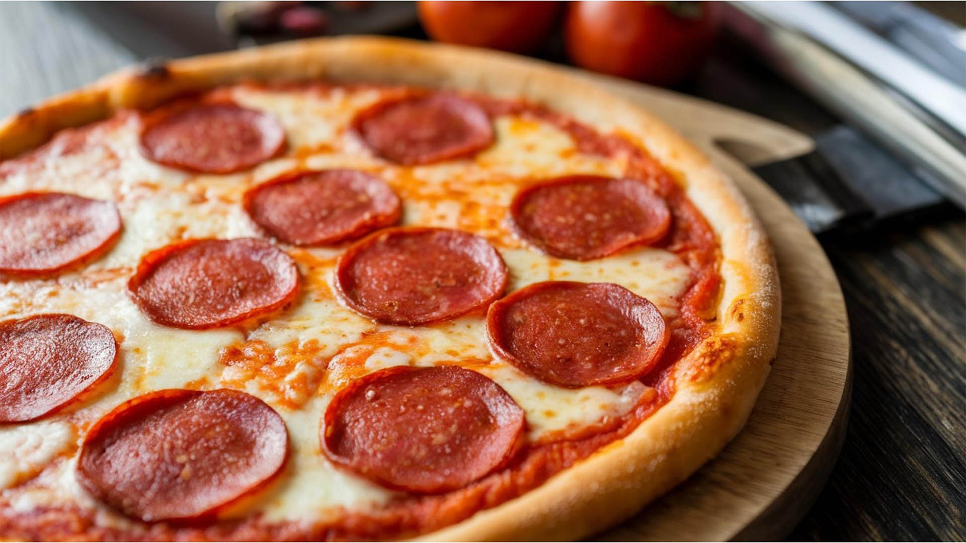 Pepperoni Pizza: A savory, crowd-pleaser pizza topped with spicy pepperoni slices, melted mozzarella cheese, and a rich tomato sauce.