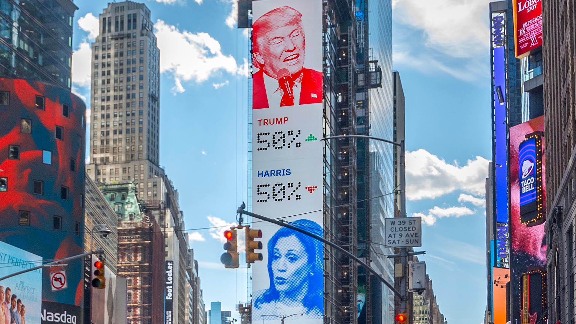 New York, USA - October 08, 2024: Live odds of Presidential Election Trump vs Harris in Times Square New York