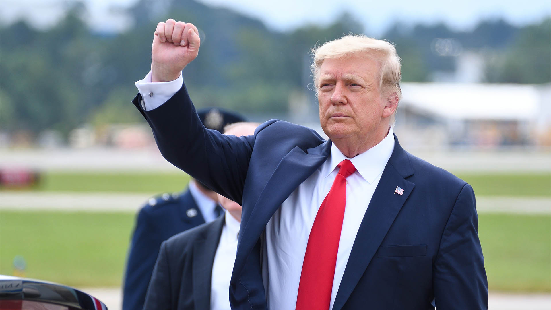 MARIETTA, GA- SEPTEMBER 25, 2020: President Donald Trump gives a fist pump arriving at Dobbins Air Reserve Base. He will be speaking on Black Economic Empowerment at the Cobb Galleria Center.