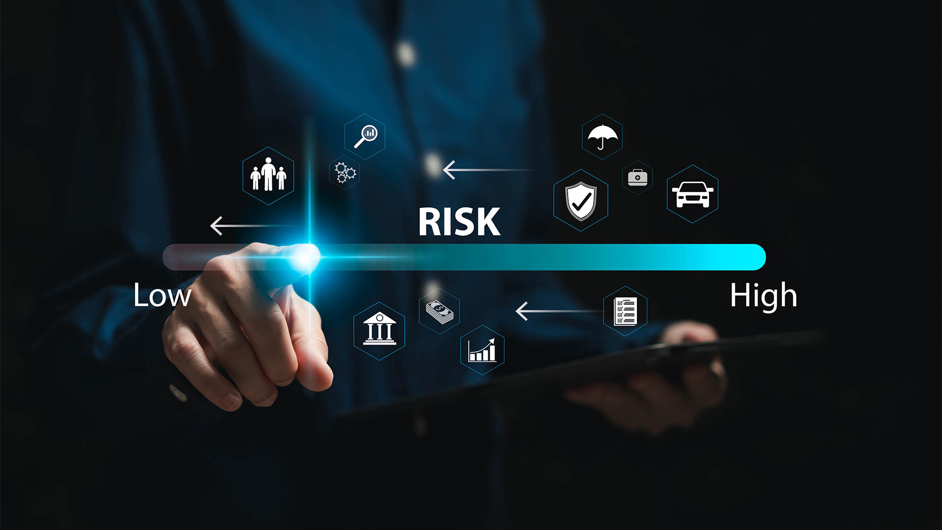 Risk assessment and management concept, Business Woman touch on Low levels of risk management, Evaluation measure analytics technology, Business, Financial, Health, Human resource, Insurance