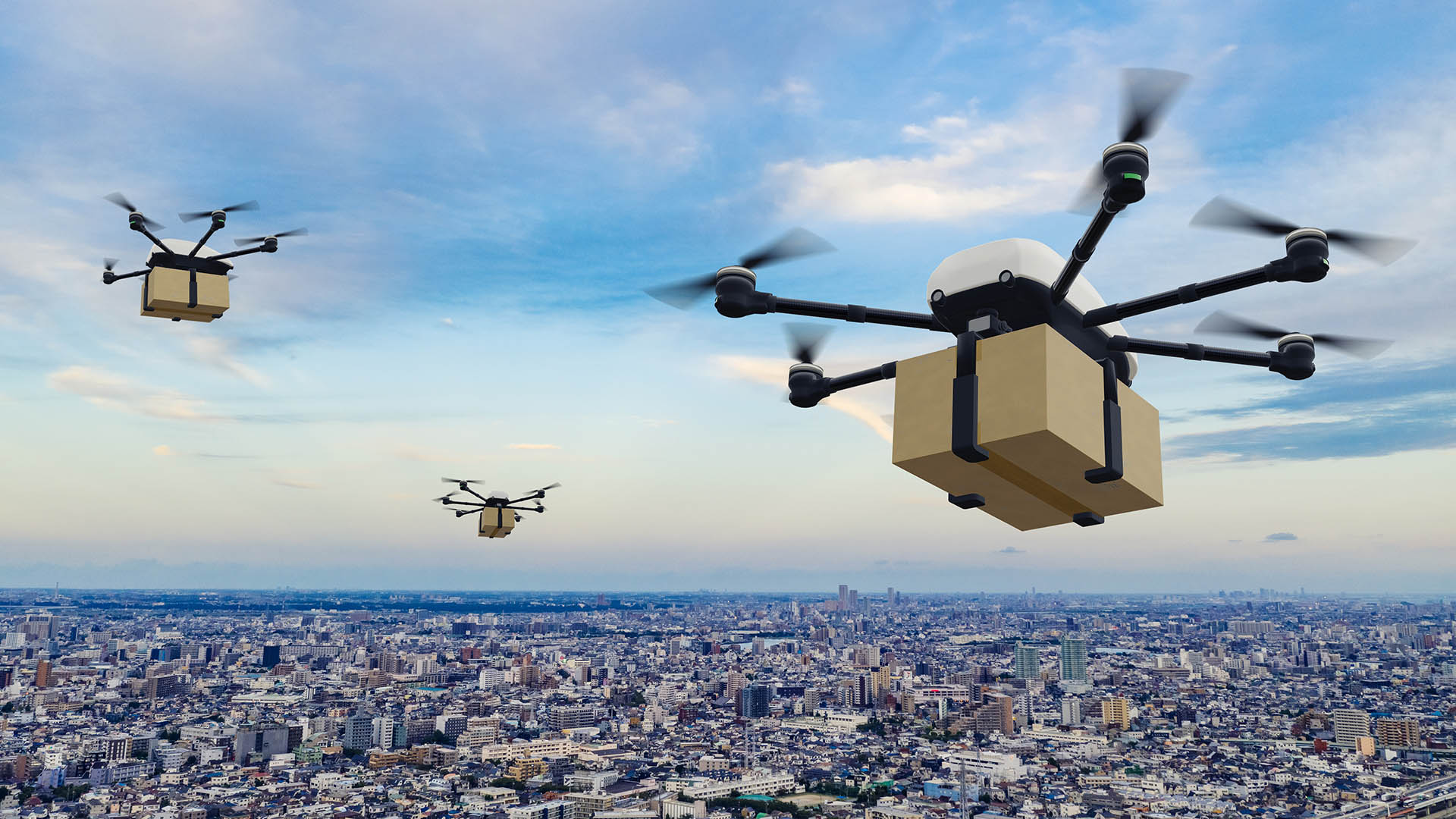 Drone delivery concept. Autonomous unmanned aerial vehicle used to transport packages. 3D rendering.