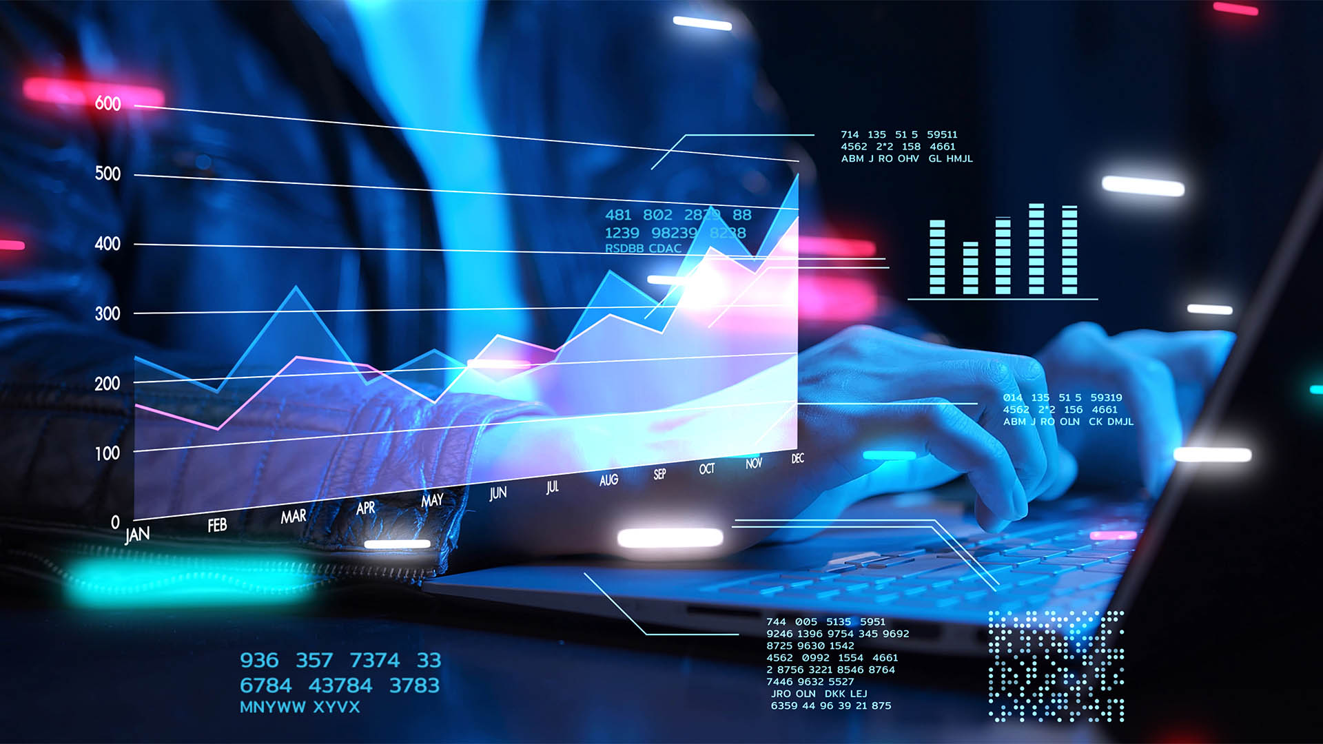 Business finance data analytics graph chart report, man using laptop computer hand typing investment data digital marketing KPI sale report, financial management technology, cyber space metaverse.