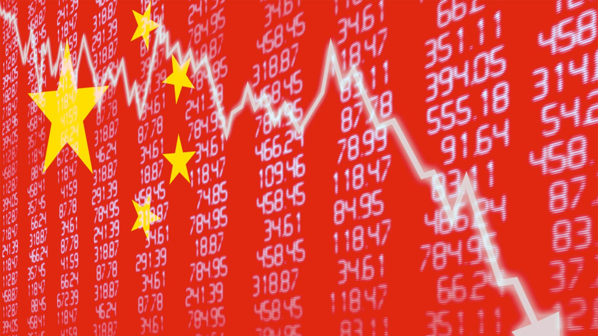 Chinese Stock Market - Arrow Graph Going Down on Red Chinese Flag