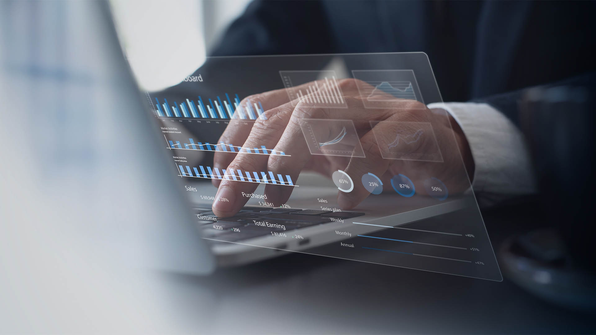 Businessman using laptop computer analyzing sales data and financial growth graph chart report. Business planning, strategy and development. Financial accounting. market research, data analysis