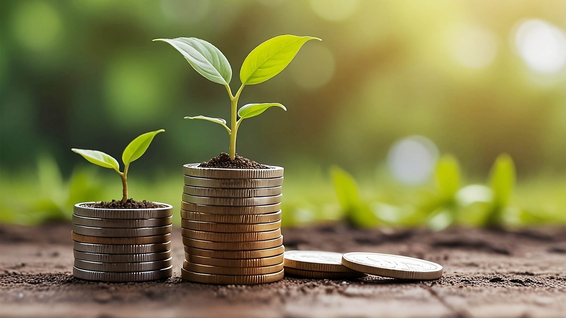 coin pile with growing plant, Money growth and business finance concept Coins with young plant on table with backdrop blurred of nature