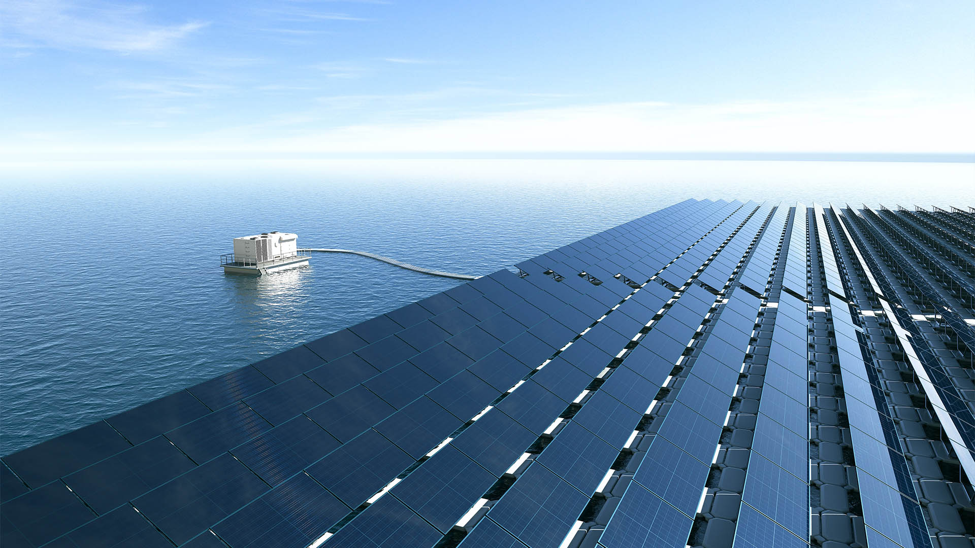 Array of floating solar panels on the ocean transforms sunlight into renewable energy. This innovative approach merges solar technology with the marine environment for sustainable power solutions.