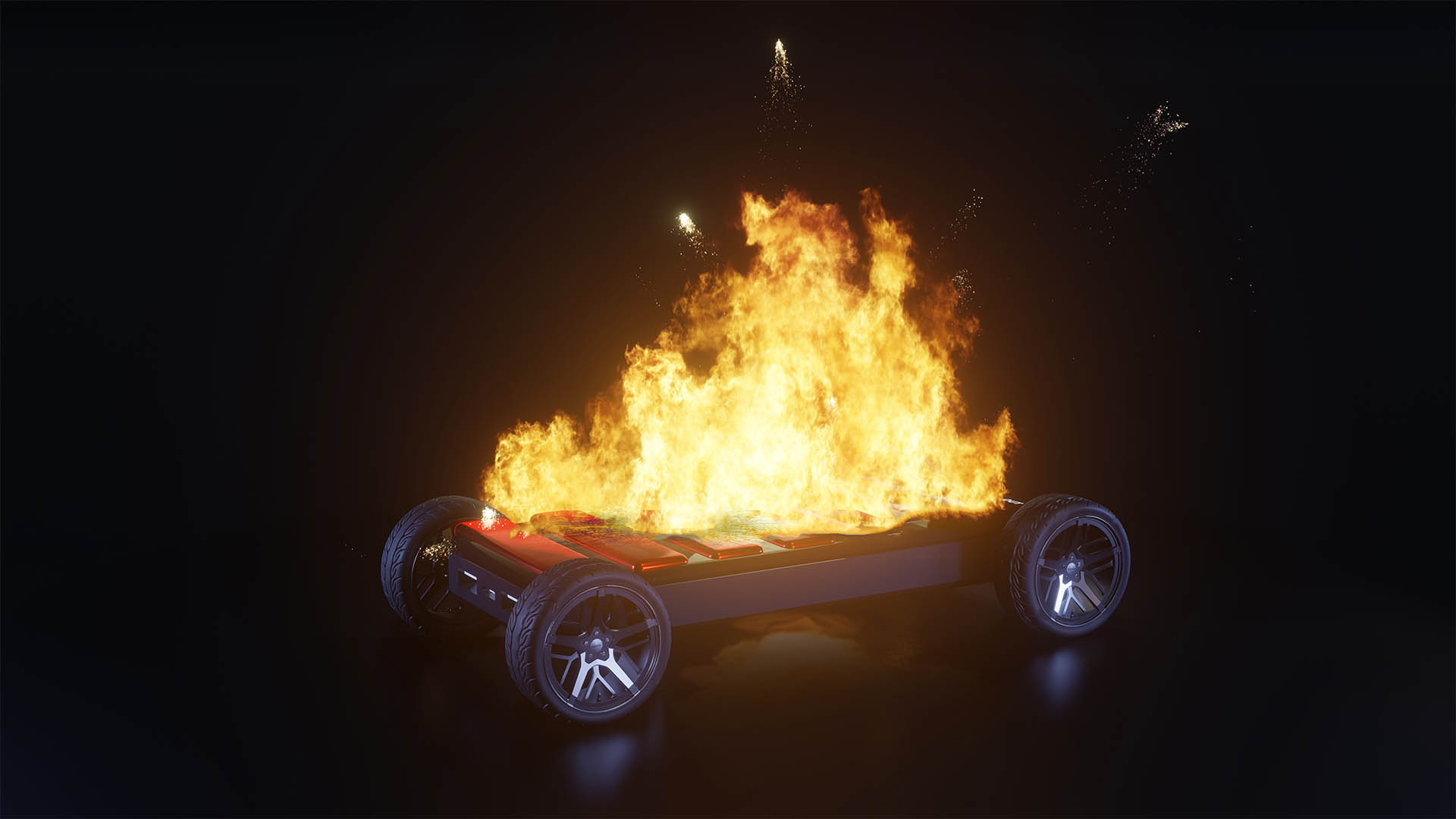 EV battery on fire and burning, electric vehicle lithium ion. hard to extinguish a fire on a car battery. lithium-ion battery with ev car logo and fire on the back burn. 3d rendering.