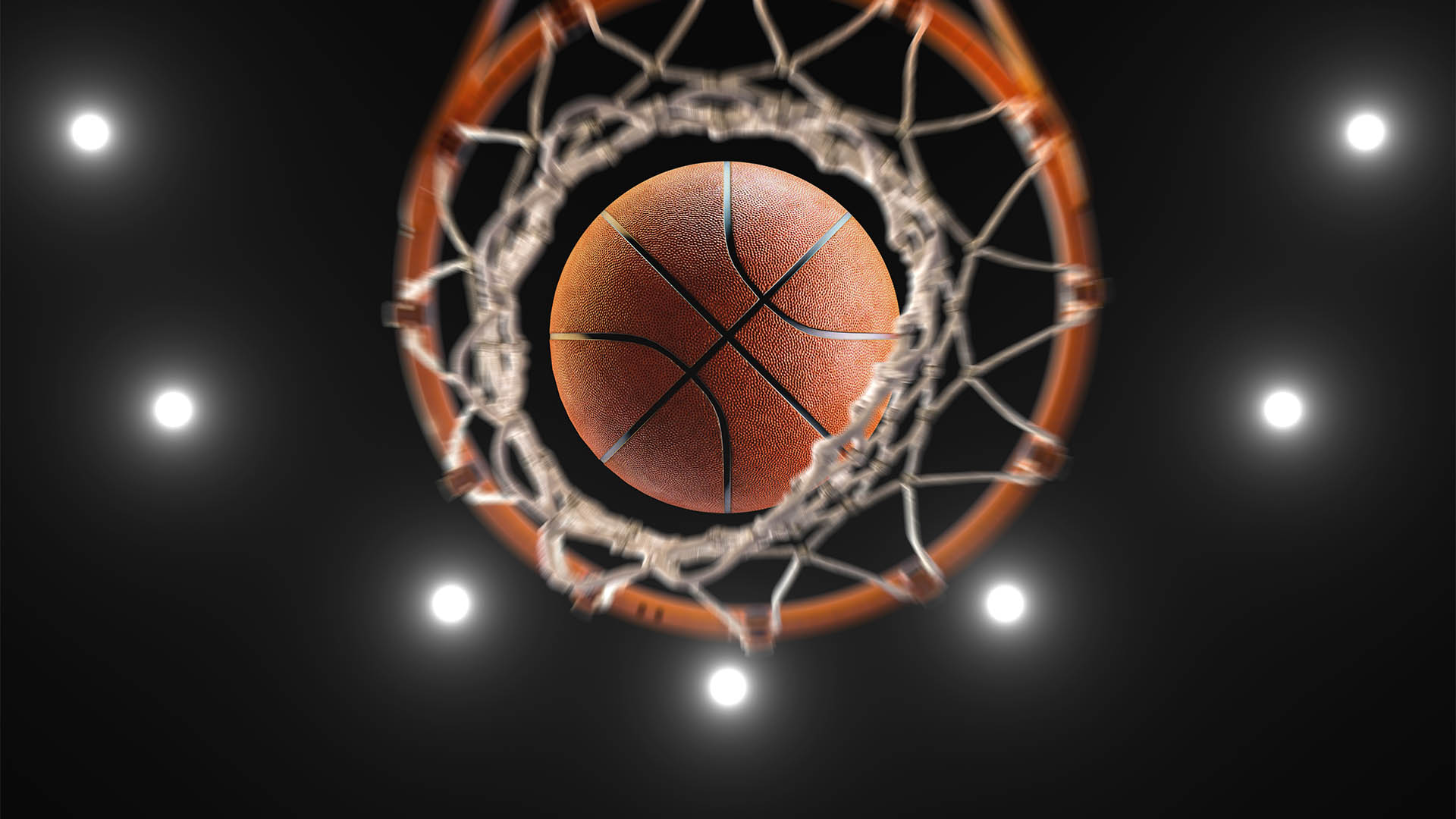 3d rendering  basketball on hoop and lighting from roof stadium