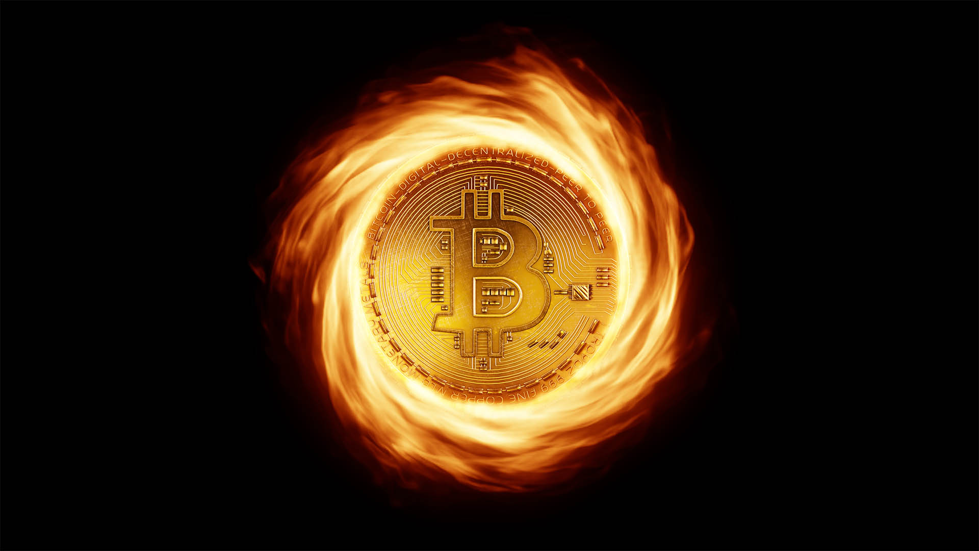 front view of cryptocurrency, bitcoin burning swirl on fire isolated on black background. 3D Render Illustration