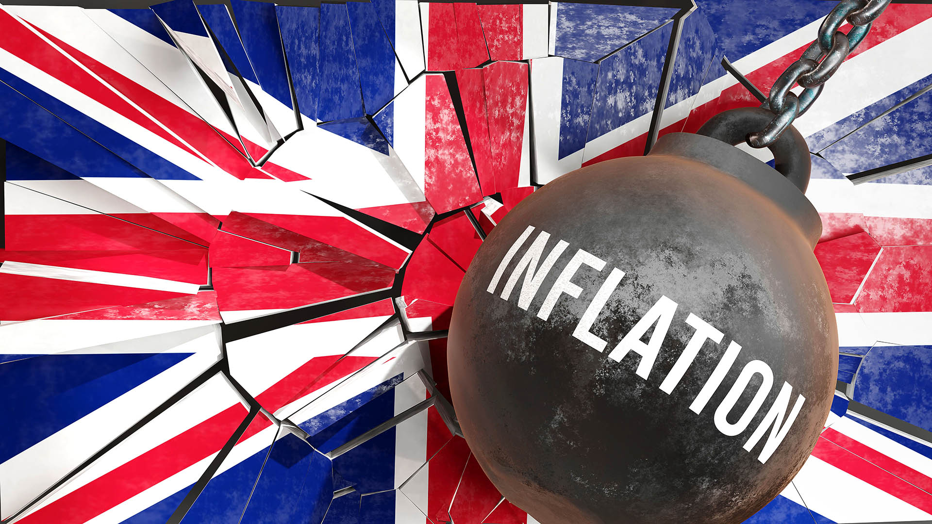 UK England and Inflation that destroys the country and wrecks the economy. Inflation as a force causing possible future decline of the nation,3d illustration