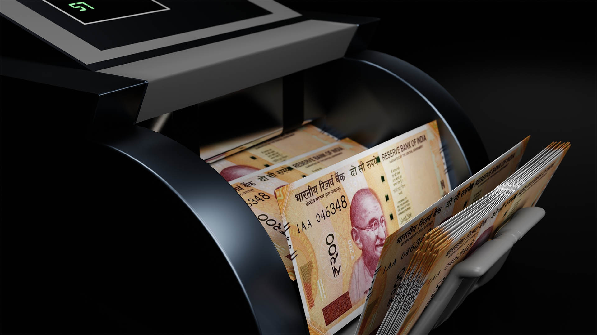 200 Indian rupees banknotes in cash machine. Indian cash counting video. INR. 3D render.