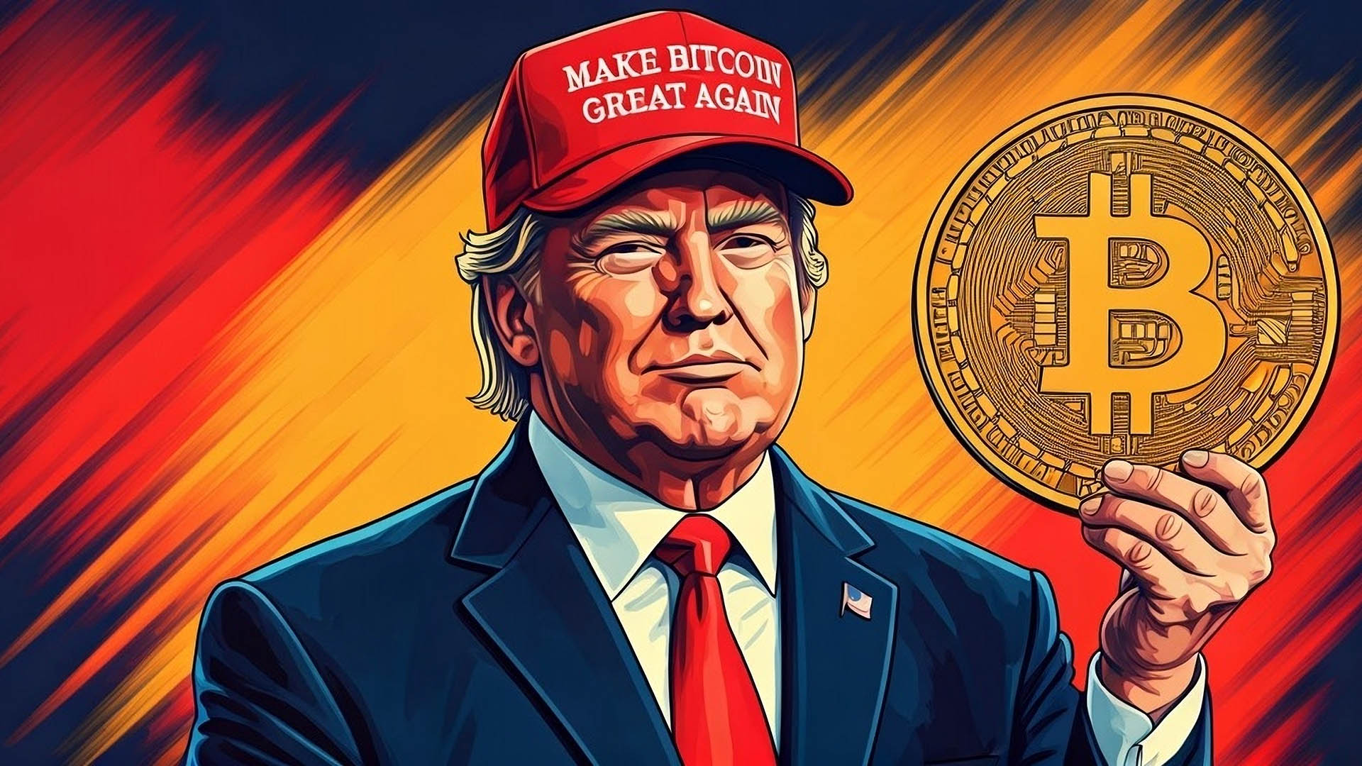 Create a picture of Donald Trump with a red cap on the page "Make Bitcoin Great Again". Trump is supposed to be very recognizable and hold an oversized Bitcoin in his hand.