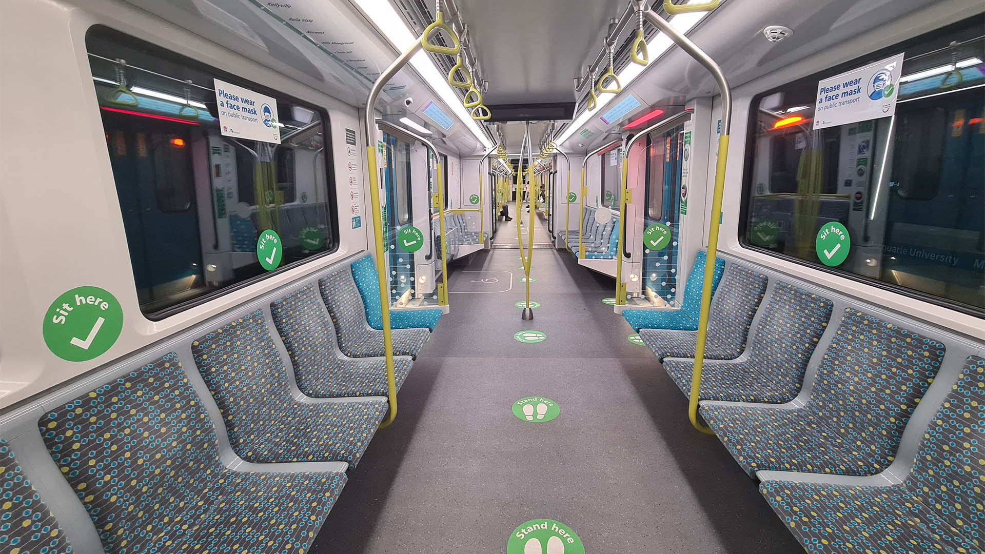 Sydney NSW Australia - 9 AUG 2020: interior empty Sydney public transport metro train. sticker for people to practice space social distancing measure between passenger during covid-19 virus pandemic